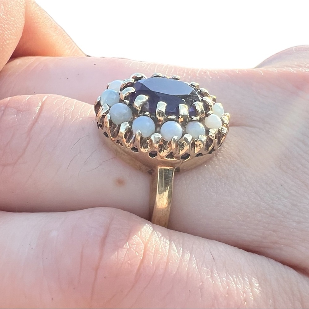 Vintage Amethyst and Seed Opal 10k Gold Ring Size 5.5/6 Estate Hallmarked - Picture 14 of 16